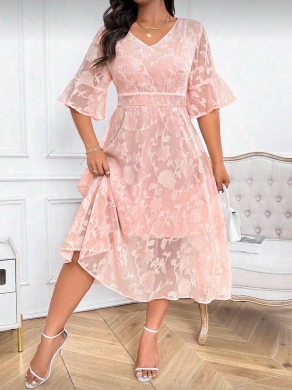 SHEIN Curve Size 3 XL Pink Floral MIDI Dress with Lace Overlay